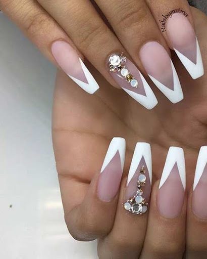 White french nails with gems